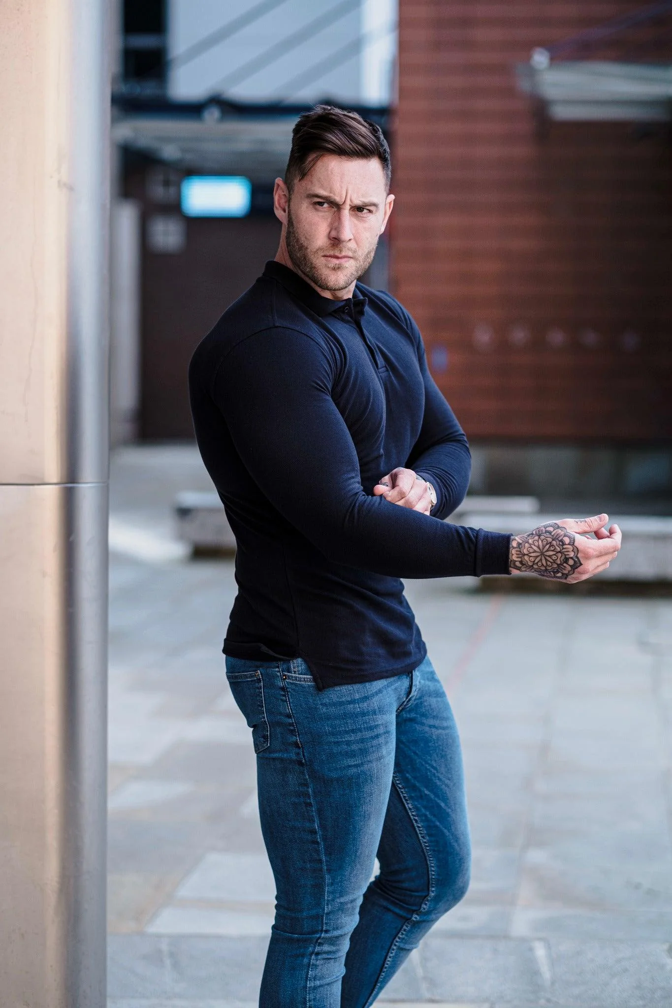 Long Sleeve Navy Tapered Fit Polo Shirt - Image 17