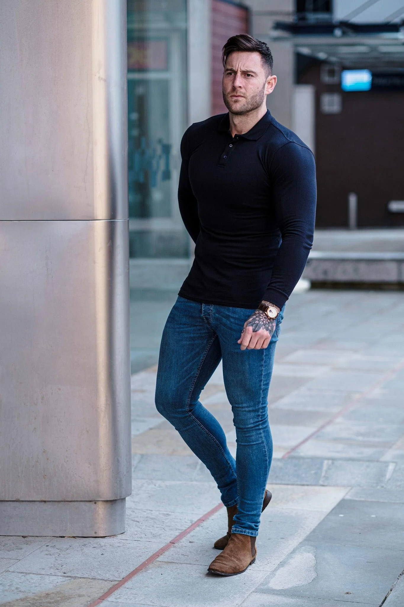 Long Sleeve Navy Tapered Fit Polo Shirt - Image 20