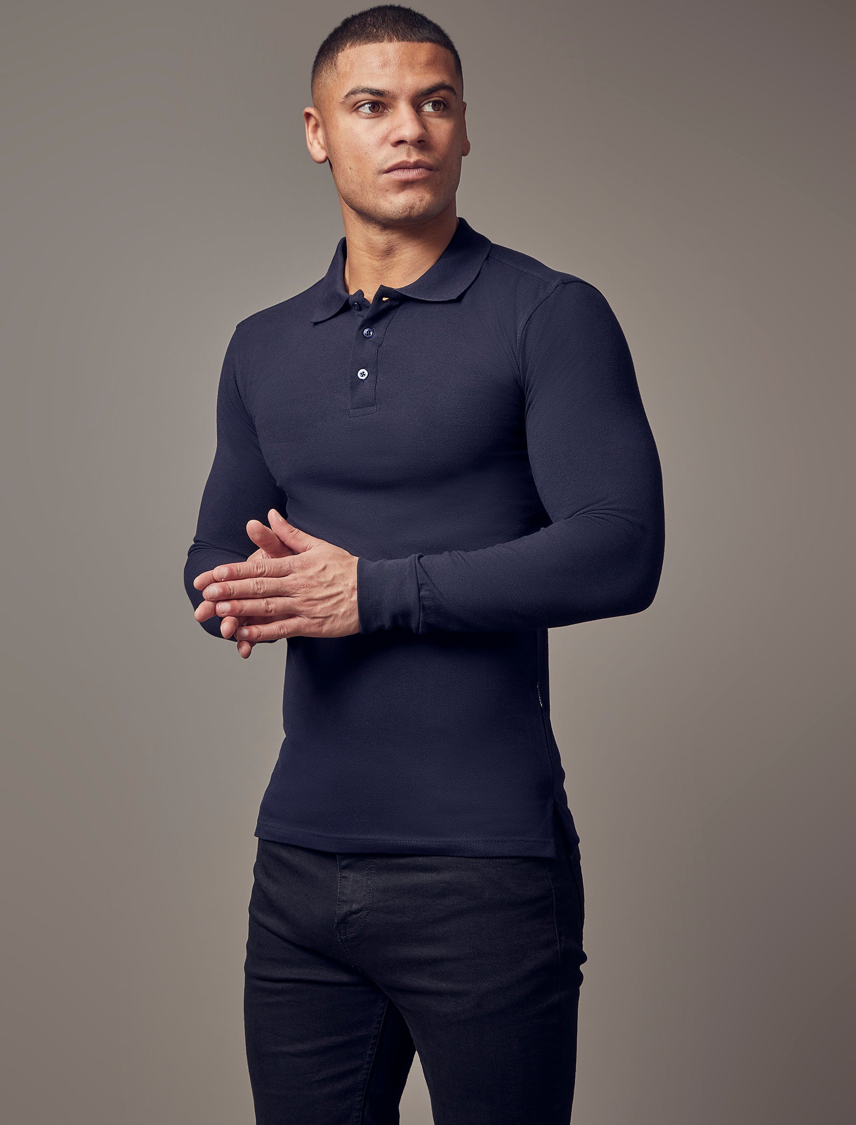 Long Sleeve Navy Tapered Fit Polo Shirt - Image 3