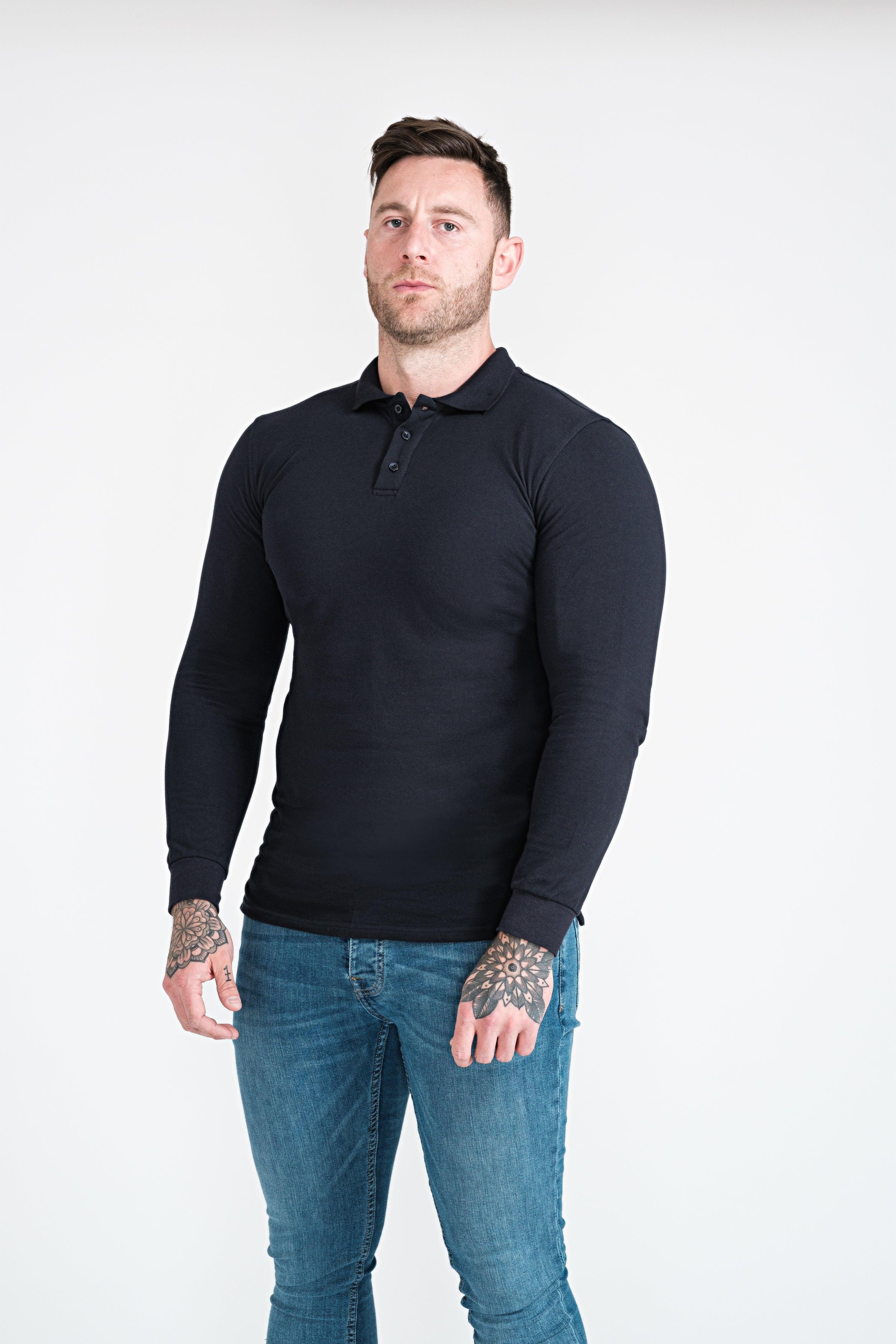 Long Sleeve Navy Tapered Fit Polo Shirt - Image 6