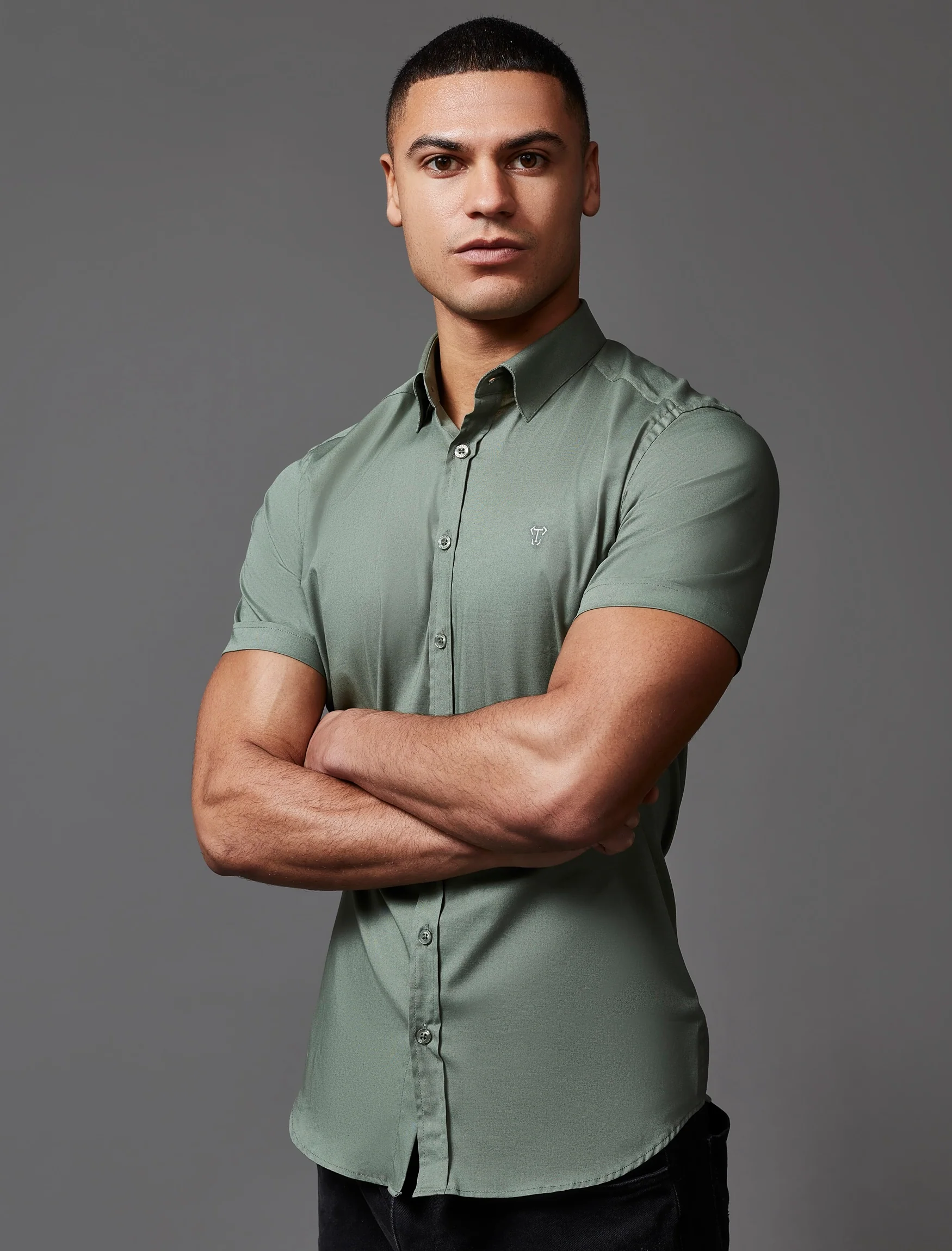 Olive Short Sleeve Tapered Fit Shirt - Image 3
