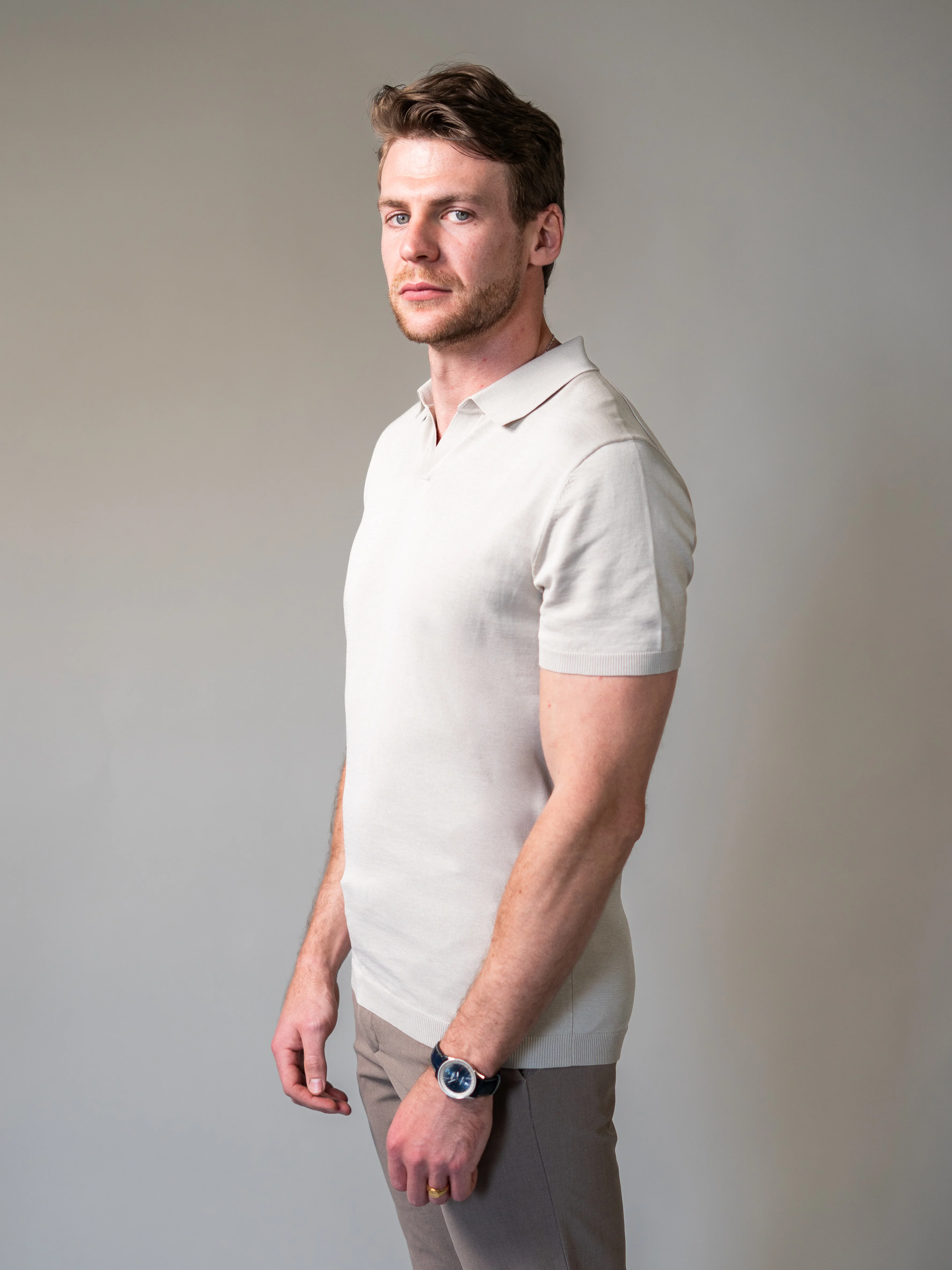 Beige Knitted Tapered Fit Polo Shirt - Image 3