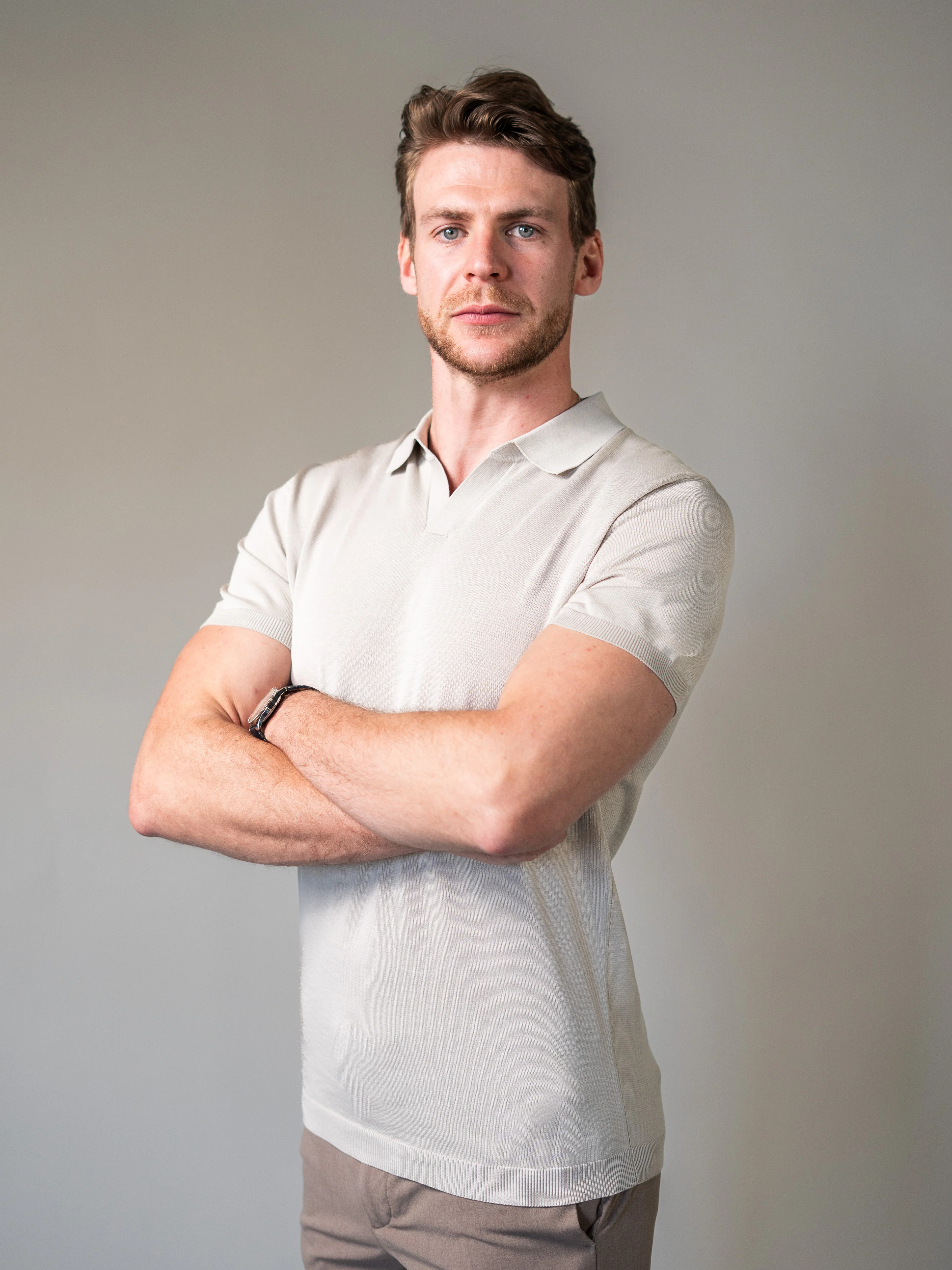Beige Knitted Tapered Fit Polo Shirt - Image 4