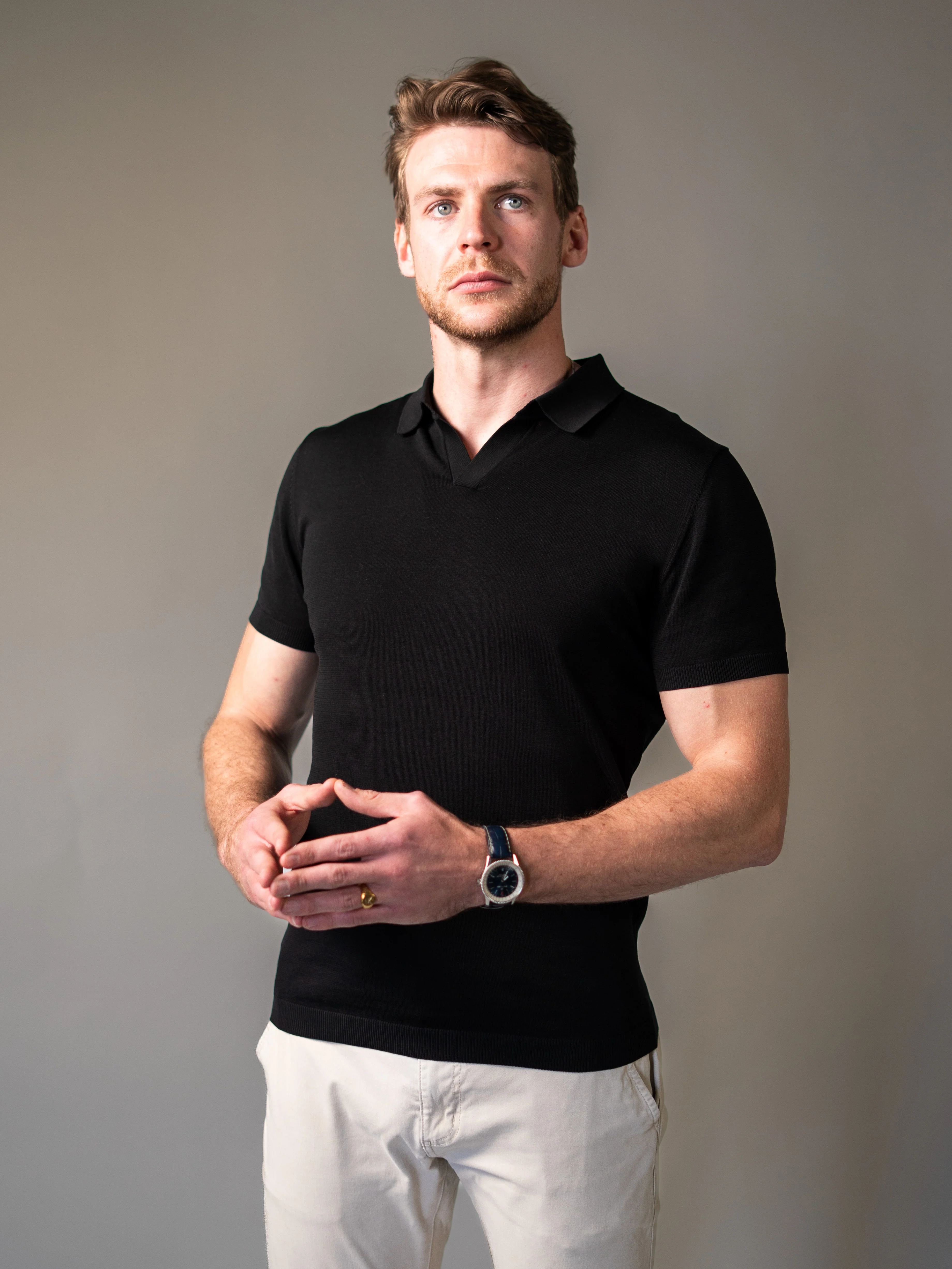 Black Knitted Tapered Fit Polo Shirt - Image 3