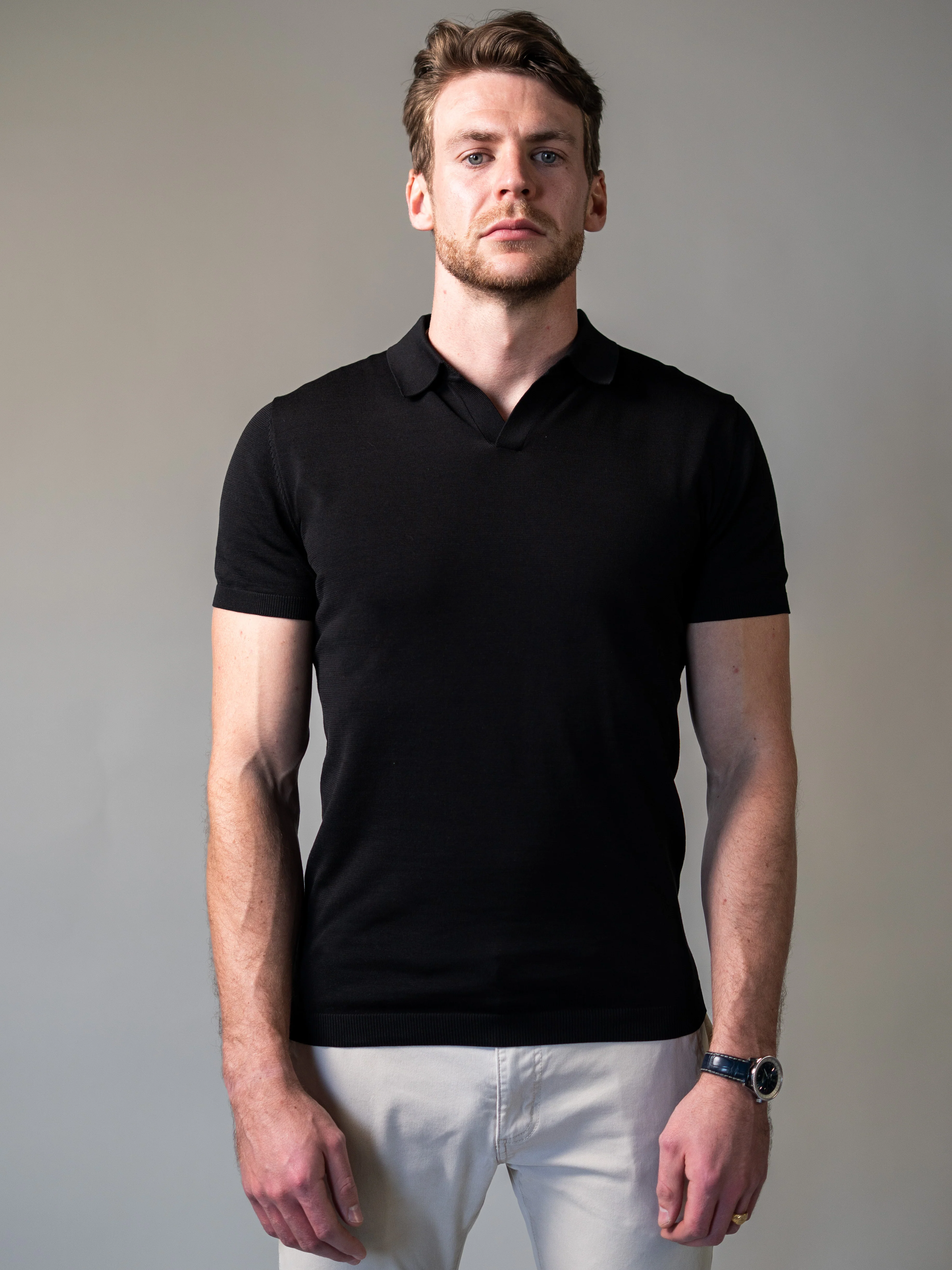 Black Knitted Tapered Fit Polo Shirt - Image 4