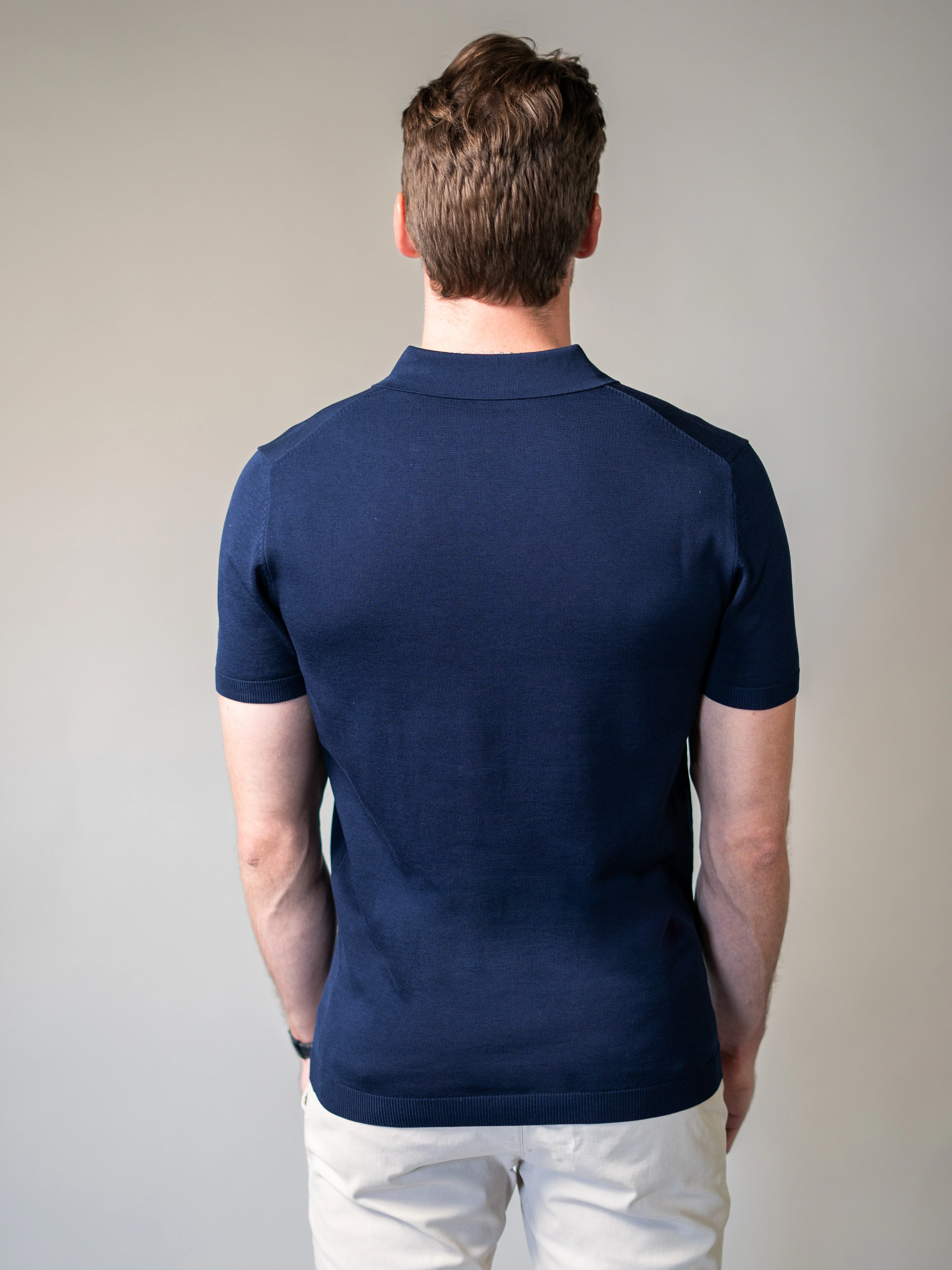 Navy Knitted Tapered Fit Polo Shirt - Image 4